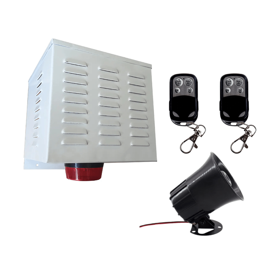 Alarma Comunitaria 20W 120dB con 2 Controles Remotos Metalicos